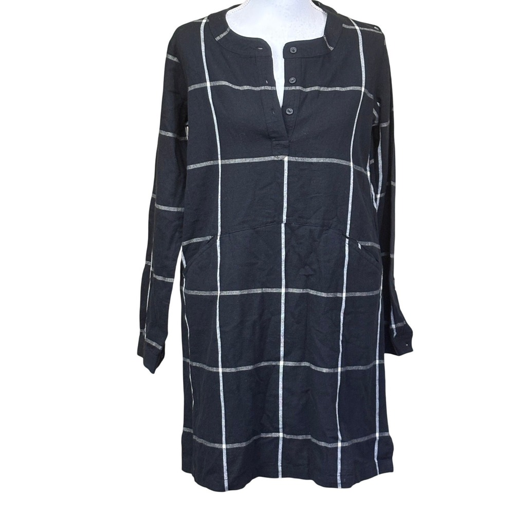 Fat Face Black Windowpane Cotton Henley Tunic Dress Minimalist Pockets Sz 6